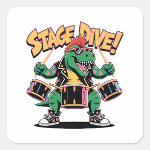 Sticker Carré T-Rex Dinosaure Batteur Rock Punk - Musique Drôle