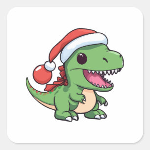 Sticker Carré T-Rex dinosaure mignon avec un chapeau de Noël