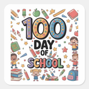 Sticker Carré T-Shirt Fun du 100ème jour d'école   Enfants color