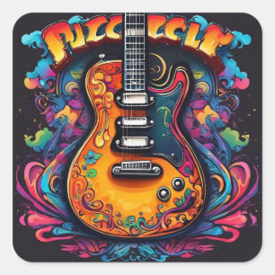 Sticker Carré T-shirt guitare psychédélique