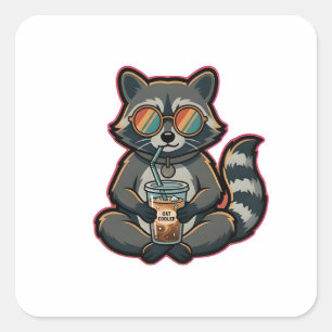 Sticker Carré T-Shirt Raton Lavandière Boit un Café Glacé au Lai