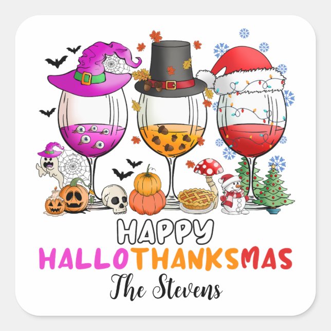 Sticker Carré T-Shirt Wine Glass Joyeux Hallowthanksmas (Devant)