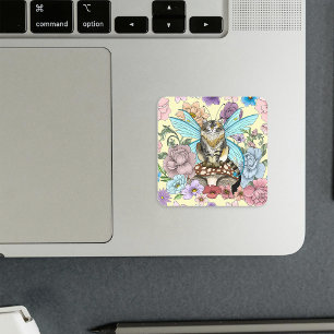 Sticker Carré Tabby Fairy Cat Mushroom Floral