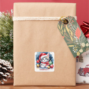 Sticker Carré Tabby Kitten À Santa Hat Joyeux Noël