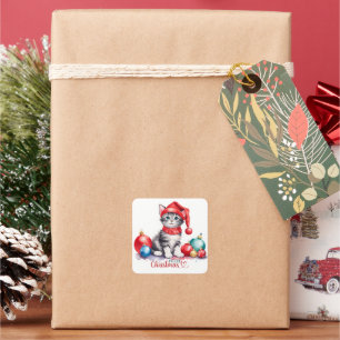 Sticker Carré Tabby Kitten À Santa Hat Joyeux Noël