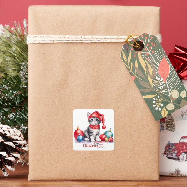 Sticker Carré Tabby Kitten À Santa Hat Joyeux Noël (vacances)