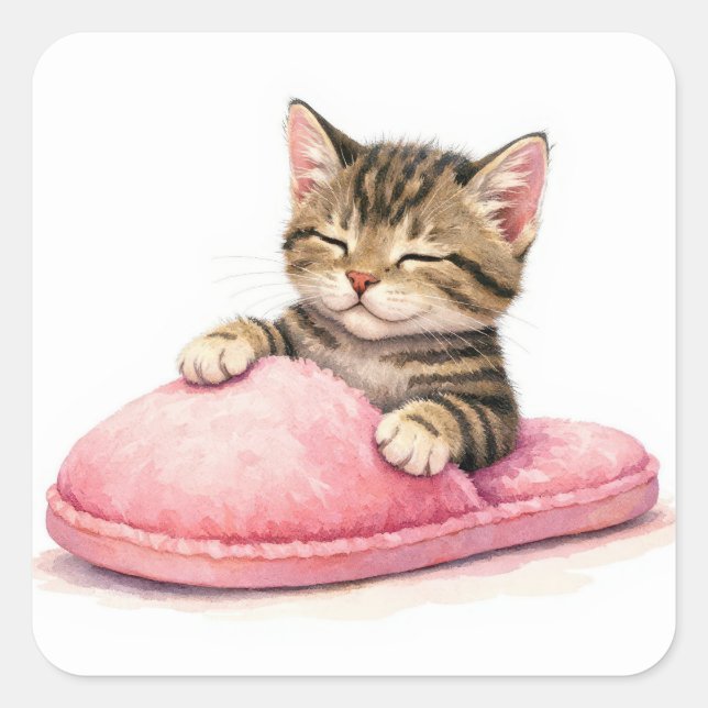Sticker Carré Tabby Kitten Sleeping in a Pink Slipper (Devant)