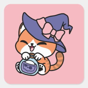 Sticker Carré Tabby Witch Brew – Joli Design de Chat d'Halloween