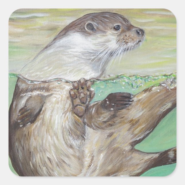 Sticker Carré Tableau de la loutre de rivière joueuse (Devant)