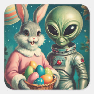 Sticker Carré Tableau Vintage Alien et Bunny de Pâques Kitsch