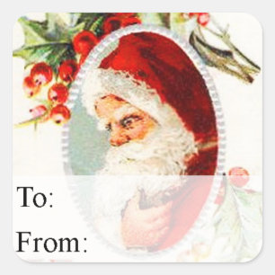 Sticker Carré Tag cadeau de Noël vintage Portrait de Père Noël