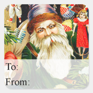 Sticker Carré Tag Cadeau vintage Père Noël Avec Jouets