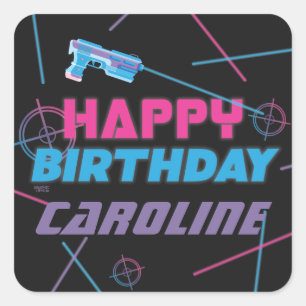 Sticker Carré Tag Laser Rose violet bleu Joyeux anniversaire