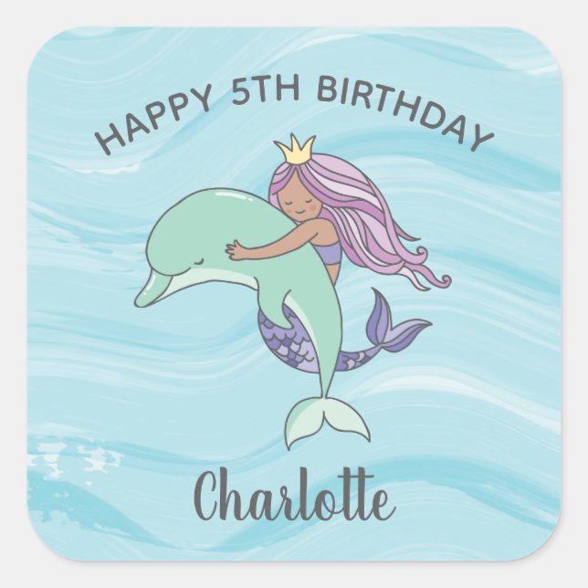 Sticker Carré Tan Peau mauve Sirène avec Dauphin Anniversaire (Devant)