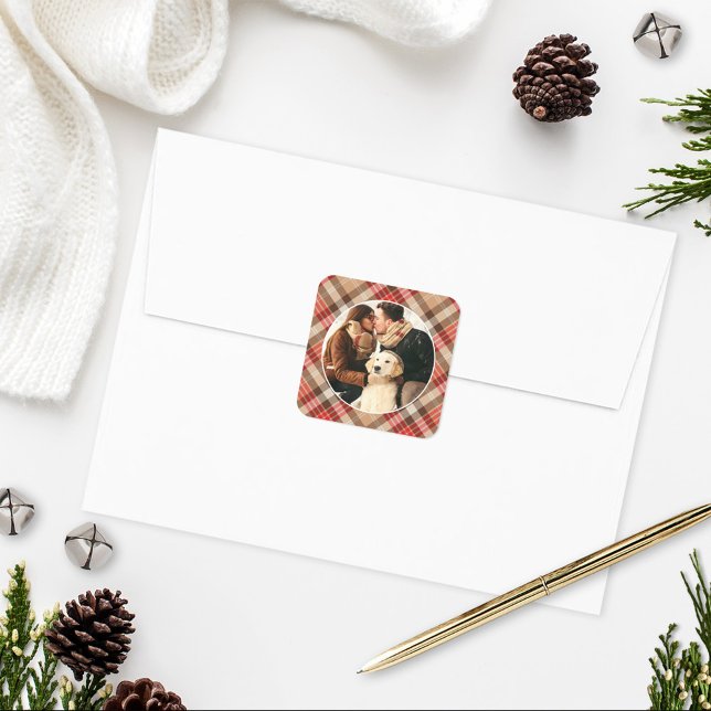 Sticker Carré Tan rustique et Tartan rouge Plaid Photo de Noël (Créateur téléchargé)