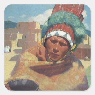 Sticker Carré Taos Indian tenant un pot d'eau par Blumenschein