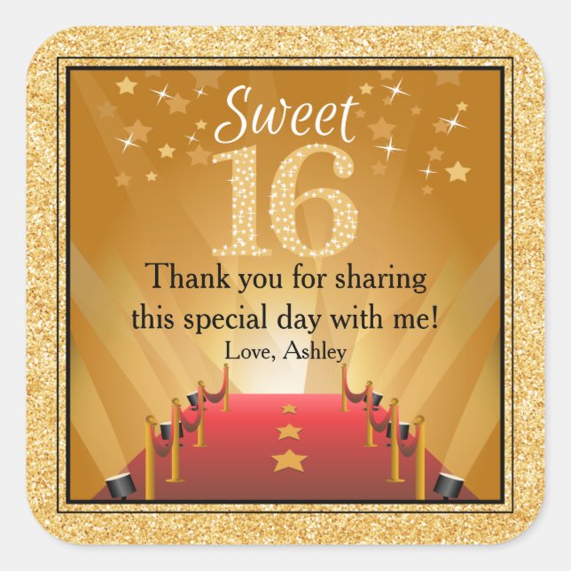 Sticker Carré Tapis rouge Hollywood Star Gold Sweet 16 Favor (Devant)