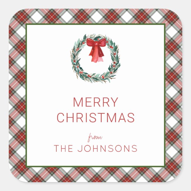 Sticker Carré Tartan de Noël Plaid Wreath Bow (Devant)