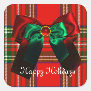 STICKER CARRÉ TARTAN ÉCOSSAIS ET ROUGE GREEN BOWS NOËL PARTI