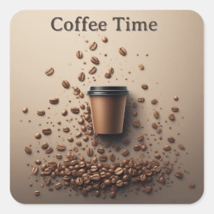 Sticker Carré Tasse de café flottante avec grains de café