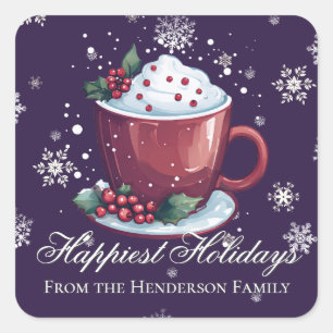 Sticker Carré Tasse de chocolat chaud de Noël Violet