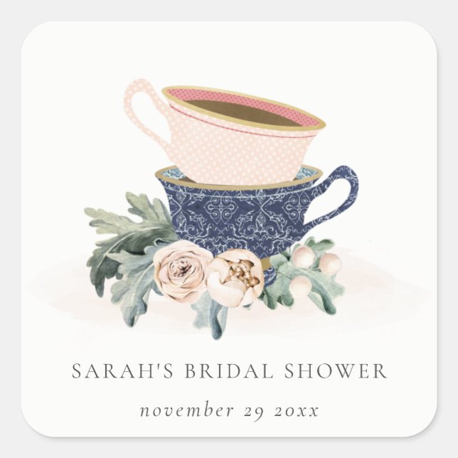 Sticker Carré Tasses empilées pastel Fête de thé Mariage floral (Devant)