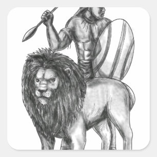 Sticker Carré Tatouage africain de lion de lance de guerrier