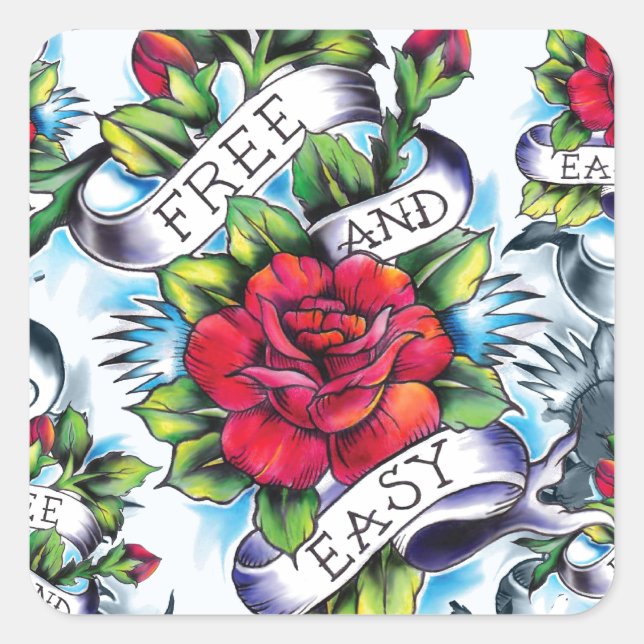 Sticker Carré tatouage rose d'aquarelle libre et facile. (Devant)