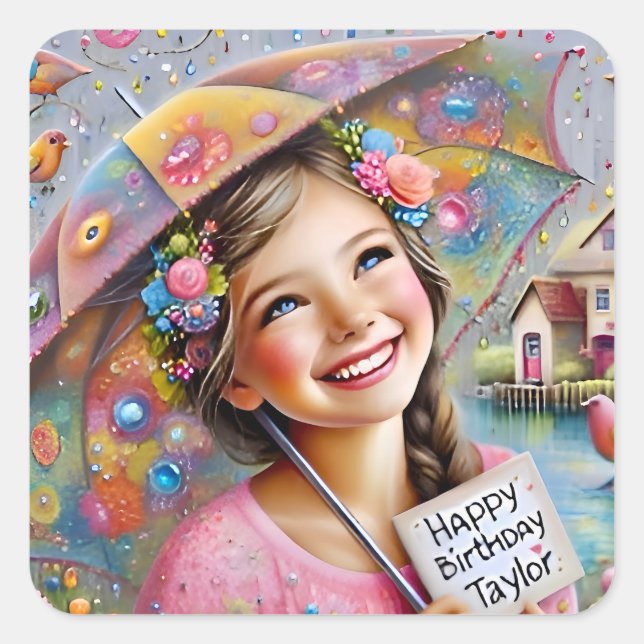 Sticker Carré TAYLOR ~ JEUX ANNIVERSAIRE ~ Parapluie ~ (Devant)