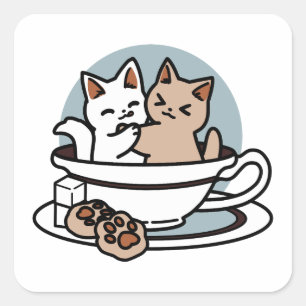 Sticker Carré Tea Time Meow Time - Cute Cat and Tea Design