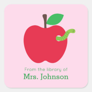 Sticker Carré Teacher Apple avec ver de la bibliothèque de