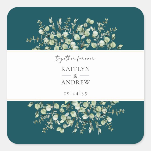 Sticker Carré Teal Eucalyptus Together Forever Wedding  (Devant)