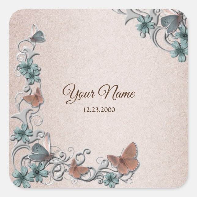 Sticker Carré Teal Silver Floral Copper Butterfly Tan Wedding (Devant)