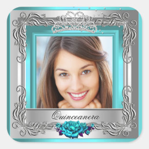 Sticker Carré Teal Silver Roses Quinceanera 15e anniversaire