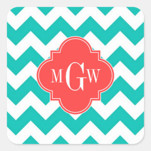 Sticker Carré Teal White Chevron Coral Quatrefoil 3 monogram