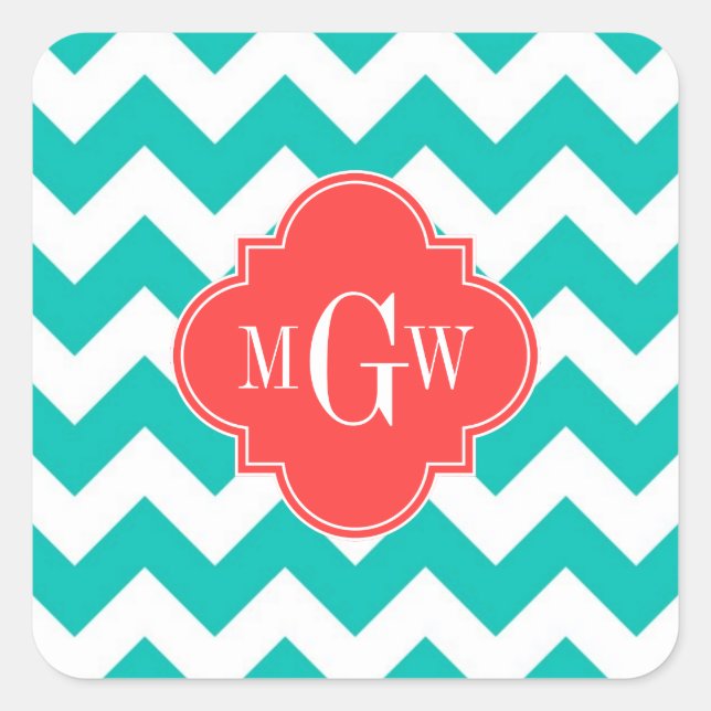 Sticker Carré Teal White Chevron Coral Quatrefoil 3 monogram (Devant)