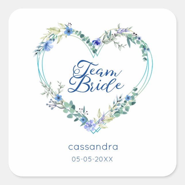 Sticker Carré Team Bride Quote & Floral Blue Heart for Wedding (Devant)