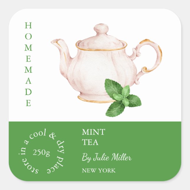 Sticker Carré Teapot Mint Tea Label (Devant)