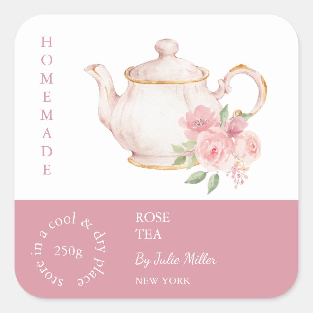 Sticker Carré Teapot Rose Tea Label (Devant)