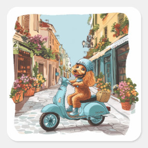 Sticker Carré Teckel standard montant sur un scooter
