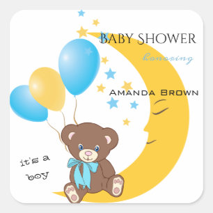 Sticker Carré Teddy Bear assis sur la Lune   Baby Boy Shower
