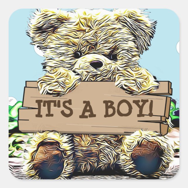 Sticker Carré Teddy Bear Baby shower C'est un garçon (Devant)