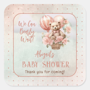 Sticker Carré Teddy Bear Balloons Girl Bearly Wait Baby shower