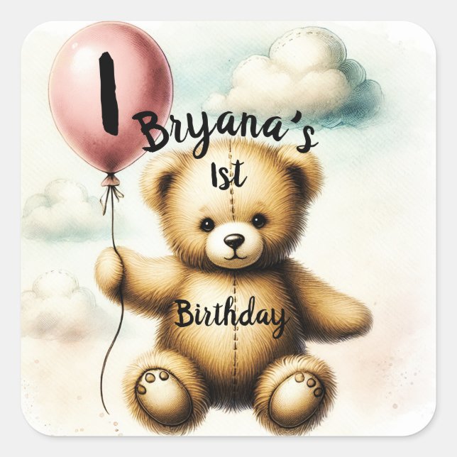 Sticker Carré Teddy Bear Blue Balloon 1er Anniversaire (Devant)