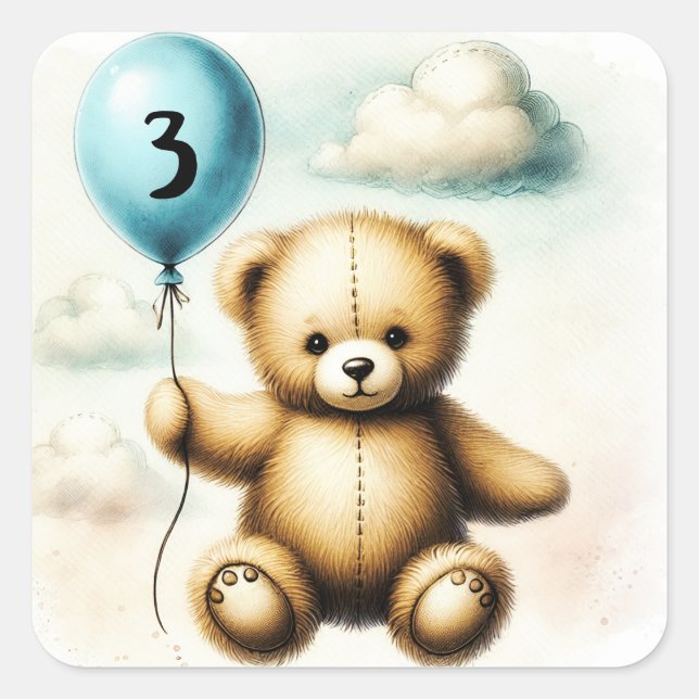 Sticker Carré Teddy Bear Blue Balloon 1er Anniversaire (Devant)