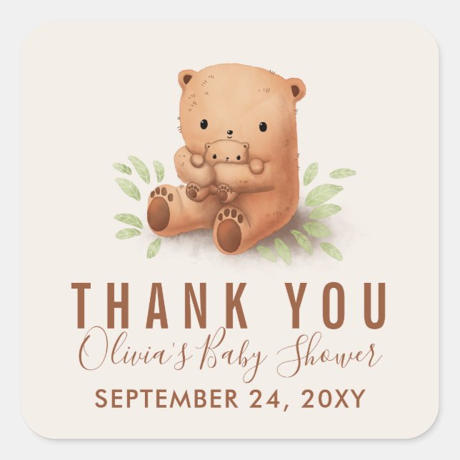 Sticker Carré Teddy Bear maman avec Baby shower Merci (Devant)