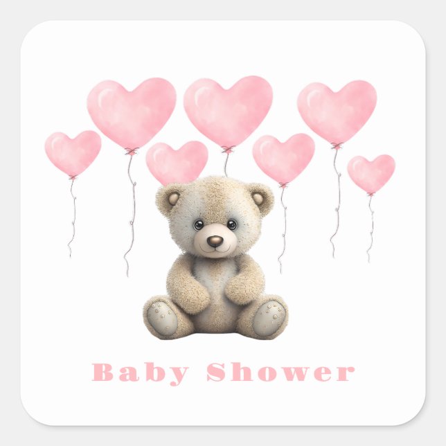 Sticker Carré Teddy Ours rose Ballons Baby shower fille (Devant)