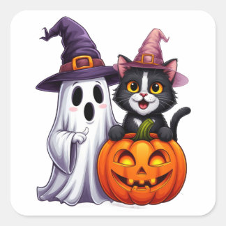 Sticker Carré Tee Halloween Citrouille Chat Noir Fantôme Mignon