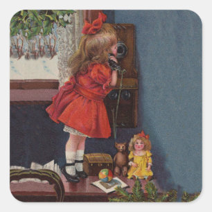 Sticker Carré Téléphone Antique de Petite Fille de Noël