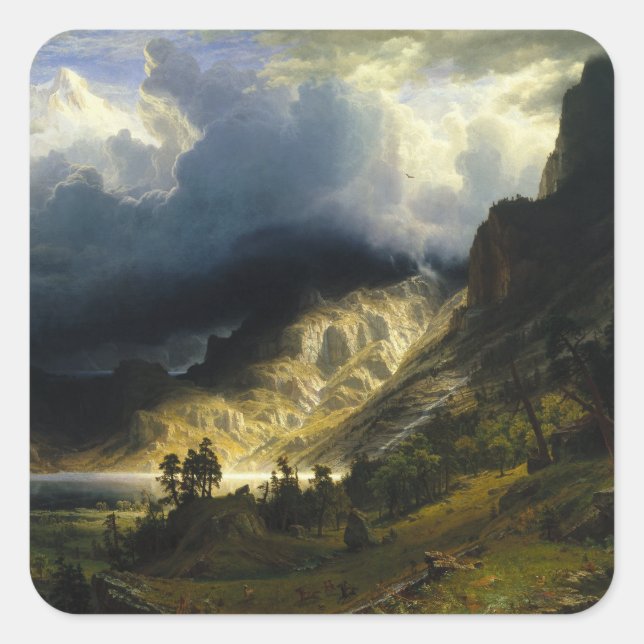 Sticker Carré Tempête dans les montagnes Rocheuses Bierstadt (Devant)